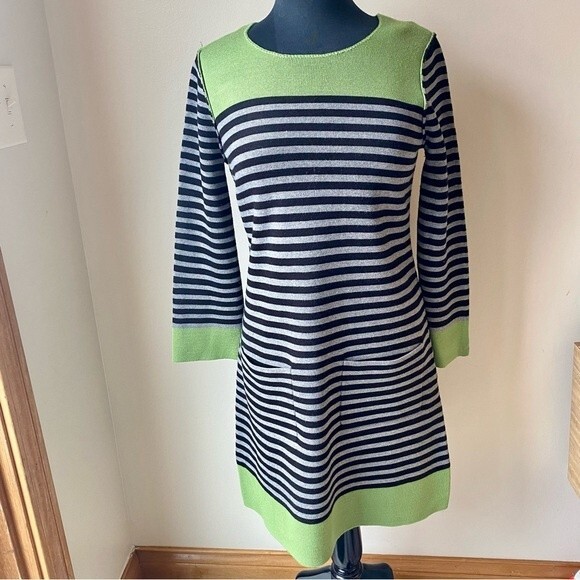 ELIZA J Sweater Dress Stripe Green Black Gray Knit Pockets Midi Length - Picture 1 of 8